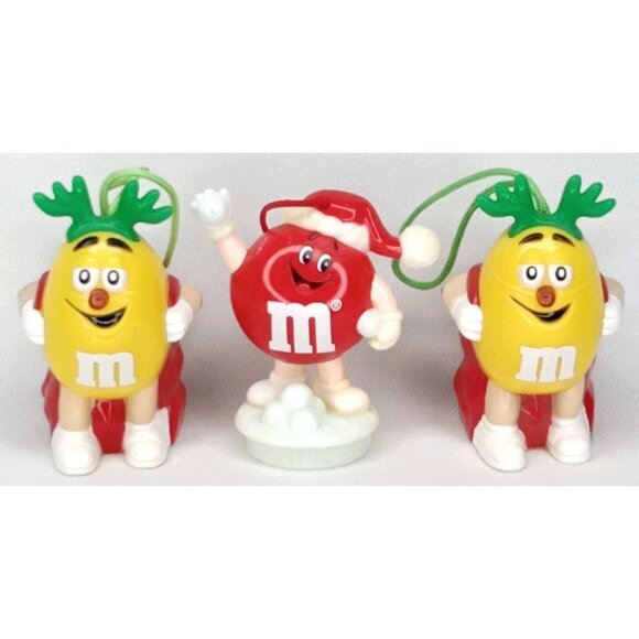 Vintage Christmas Ornament Set Of 3 M&Ms Yellow & Red Plastic 1990s - Picture 1 of 10